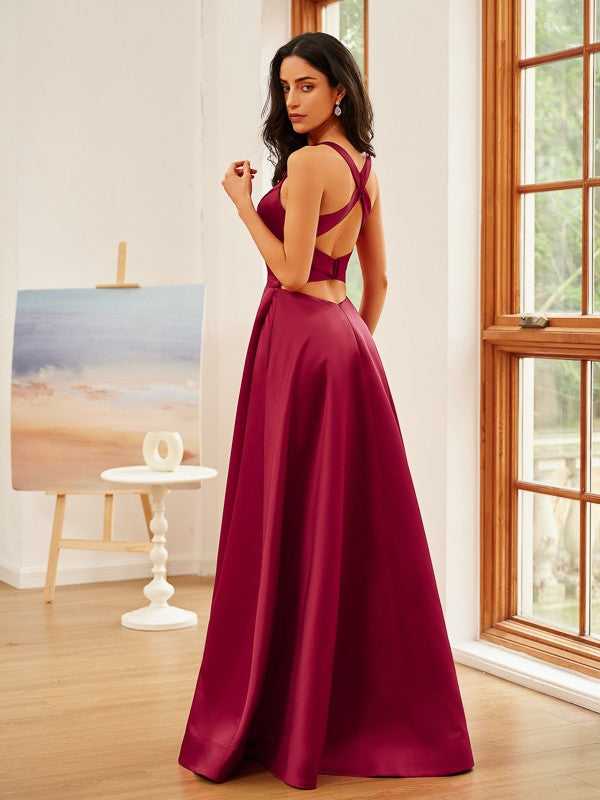 A-line Elegant Princess Dress with Ruffle Edge V-neck Sleeveless Floor Dress