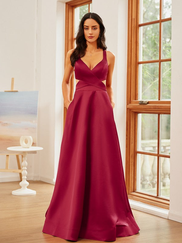 A-line Elegant Princess Dress with Ruffle Edge V-neck Sleeveless Floor Dress