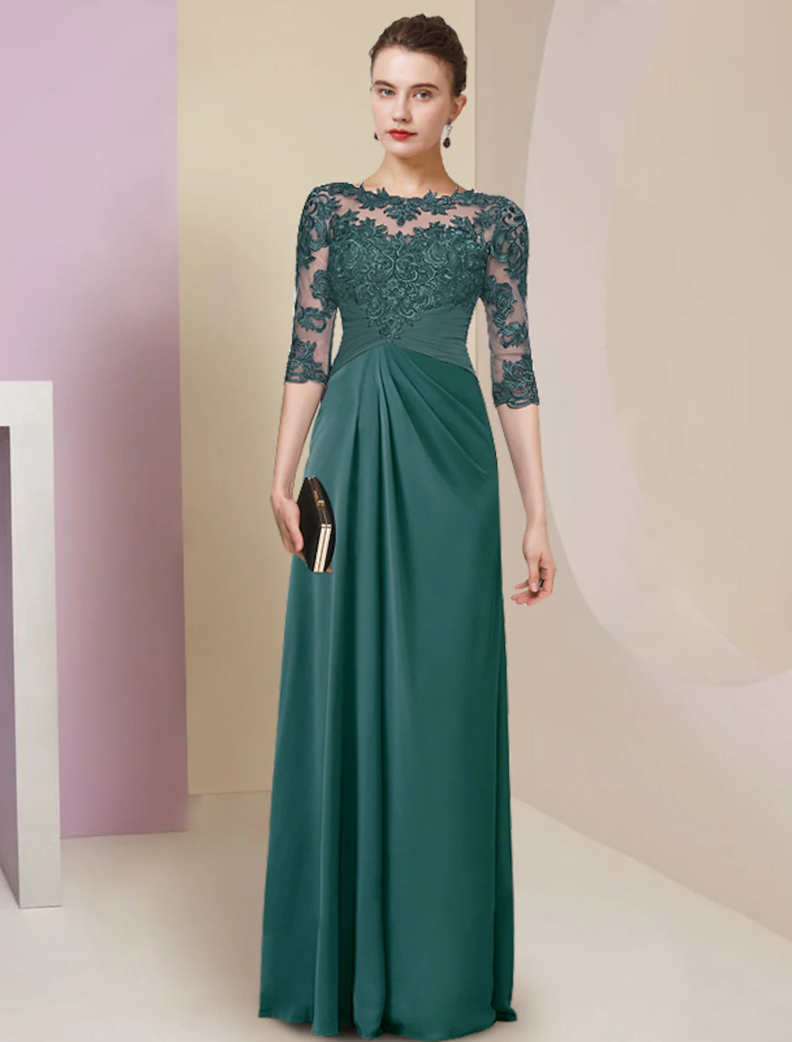 Set column bride mother dress elegant, simple and generous jewelry collar and floor length chiffon lace half sleeve pleated solid color