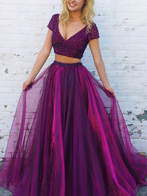 Princess V-neck short sleeved floor mop rolled edge sheer two-piece dress