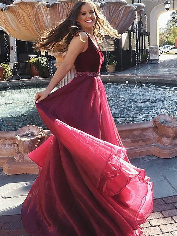 A-line Princess V-neck Sleeveless Floor Sweeping Curled Organza Dress