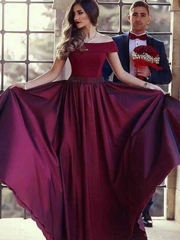 A-line skirt princess sexy off the shoulder short sleeved strapless pleated satin dress