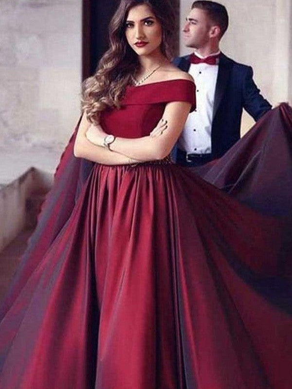 A-line skirt princess sexy off the shoulder short sleeved strapless pleated satin dress
