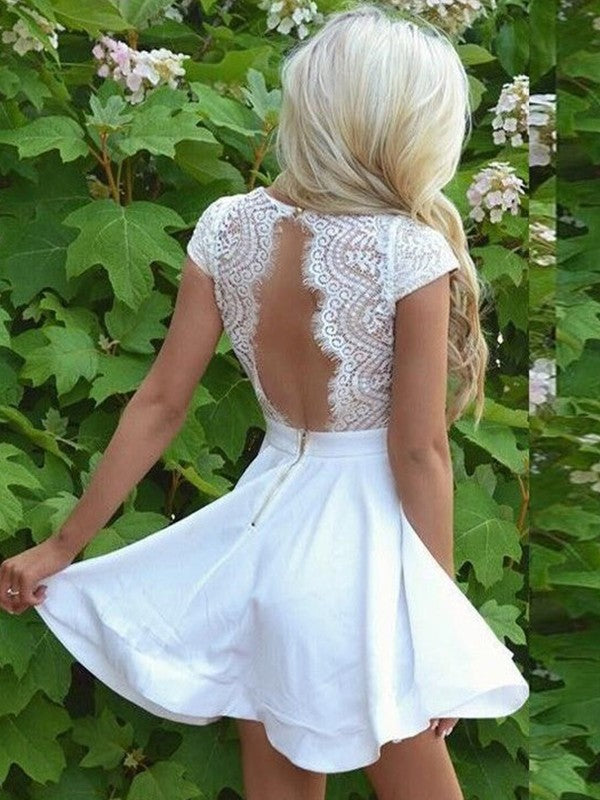 A-line elegant princess V-neck lace satin short sleeved mini dress