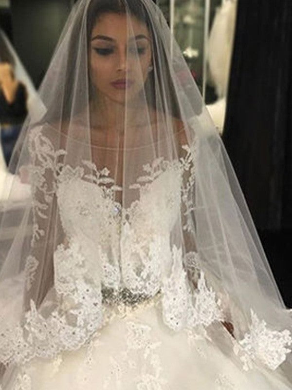 Elegant Long sleeved Lace Cathedral Skirt Sticker Tulle Wedding Dress
