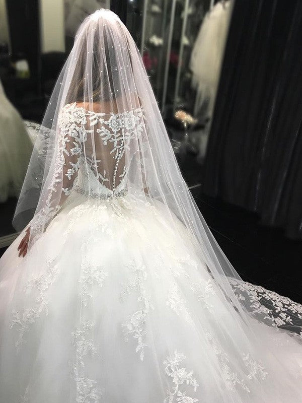 Elegant Long sleeved Lace Cathedral Skirt Sticker Tulle Wedding Dress