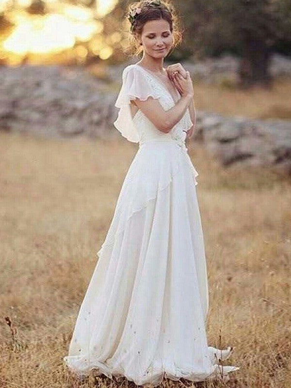 A Sweet Princess Chiffon V-neck Pleated Short Sleeve Floor Sweeping Wedding Dress