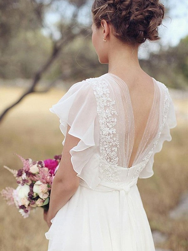 A Sweet Princess Chiffon V-neck Pleated Short Sleeve Floor Sweeping Wedding Dress