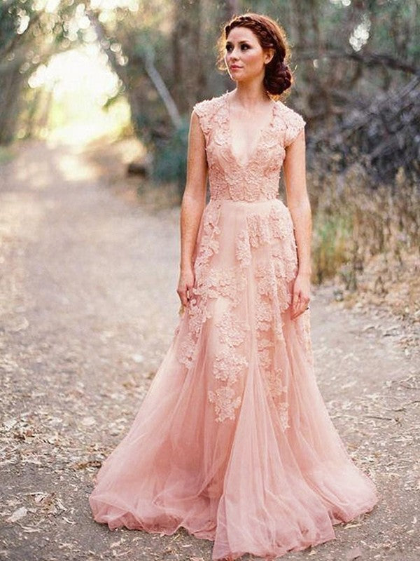 Princess A Decal Tulle V-neck Sleeveless Brush Train Wedding Dress