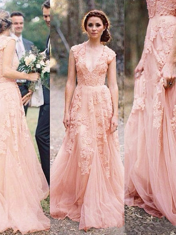 Princess A Decal Tulle V-neck Sleeveless Brush Train Wedding Dress