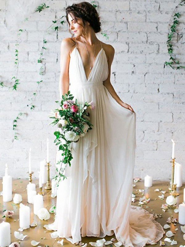 A-line Princess Chiffon Sleeveless Ruffle Edge Italian Noodle Strap Brush Train Wedding Dress