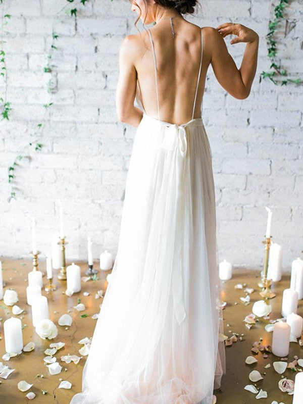 A-line Princess Chiffon Sleeveless Ruffle Edge Italian Noodle Strap Brush Train Wedding Dress