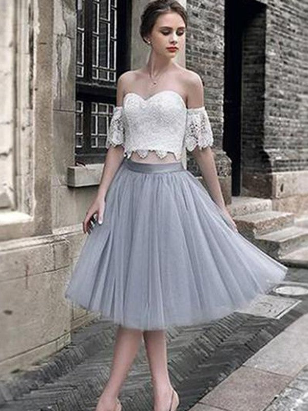 A-line Sweet Princess Lace Sweetheart Tulle Sleeveless Tea Long Two Piece Dress