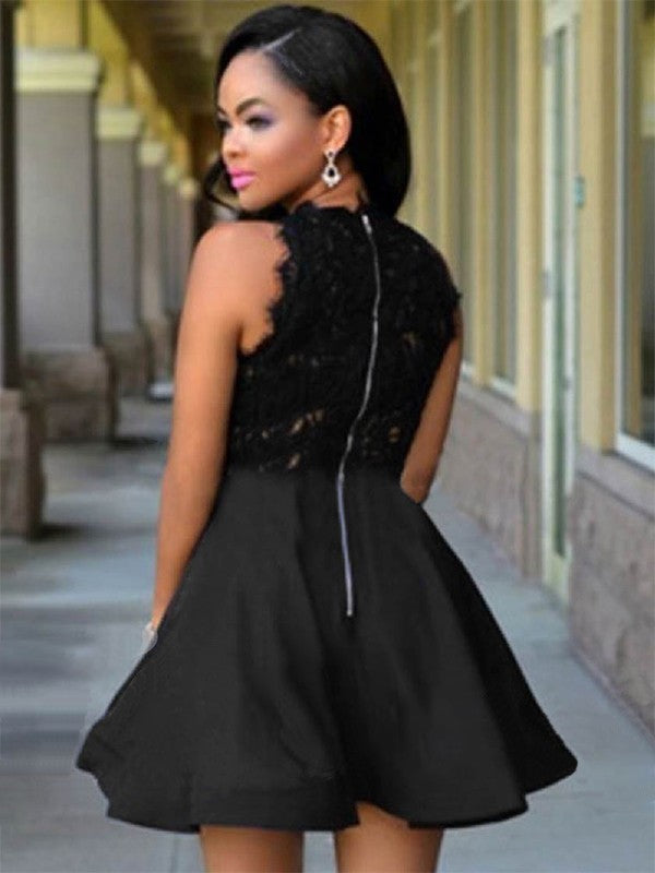 A-line Jewelry Short Lace Satin Black Back to School Dress