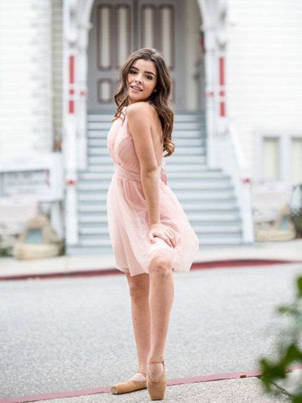 A-line princess ruffled Halter sheer sleeveless short dress