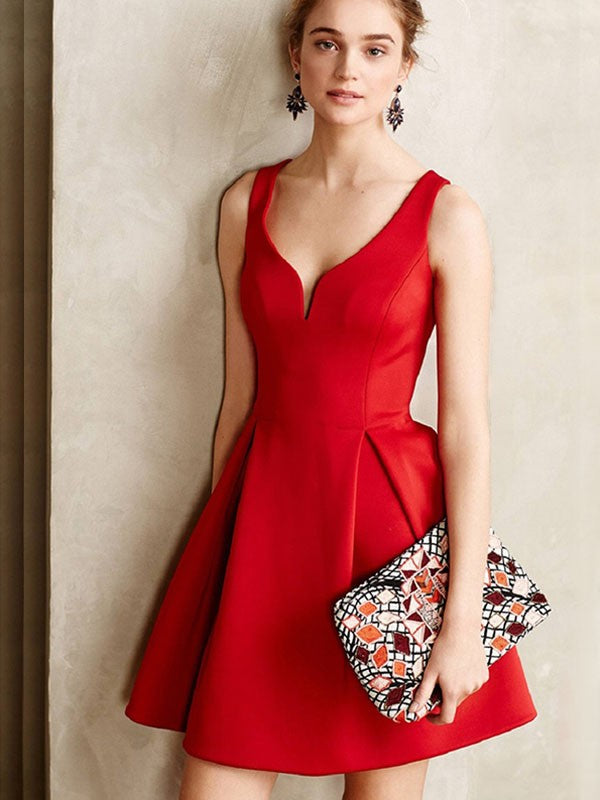 A-line knee length princess satin sleeveless short/mini ruffled V-neck dress