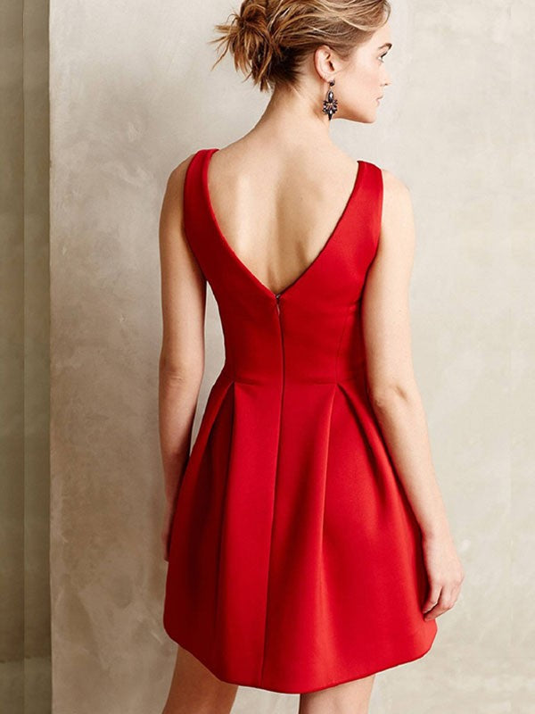 A-line knee length princess satin sleeveless short/mini ruffled V-neck dress
