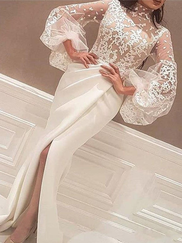 Trumpet Mermaid Long sleeved High Neck Swept Collar Comb Tie Elastic Crepe Dress