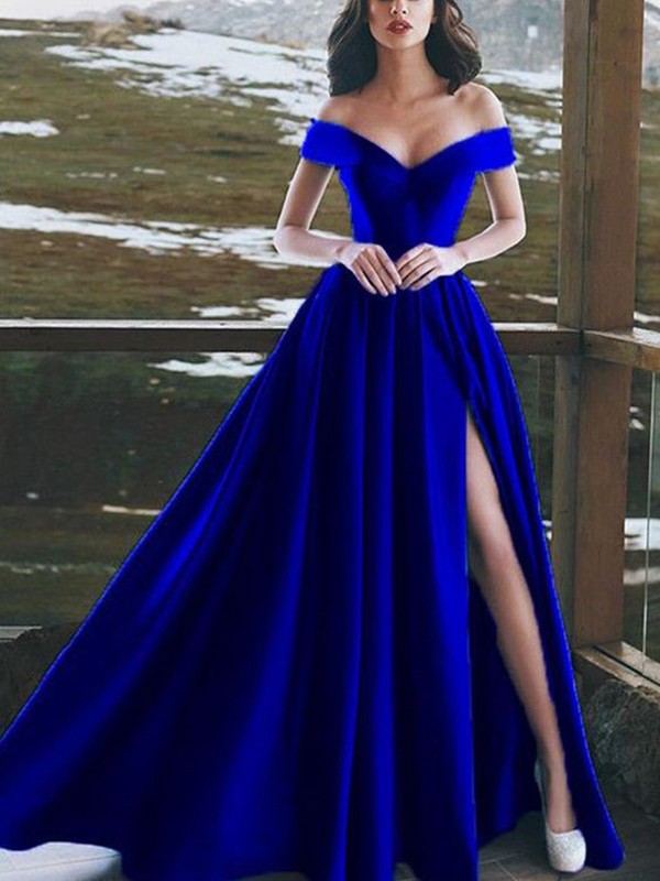 A-line Sweet Princess Sleeveless Off Shoulder Floor Ruffle Edge Satin Dress