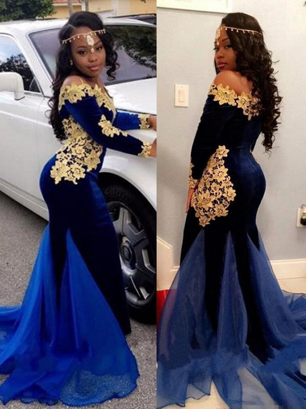 Trumpet shaped slim fit mermaid long sleeved off shoulder brushed printed velvet dress