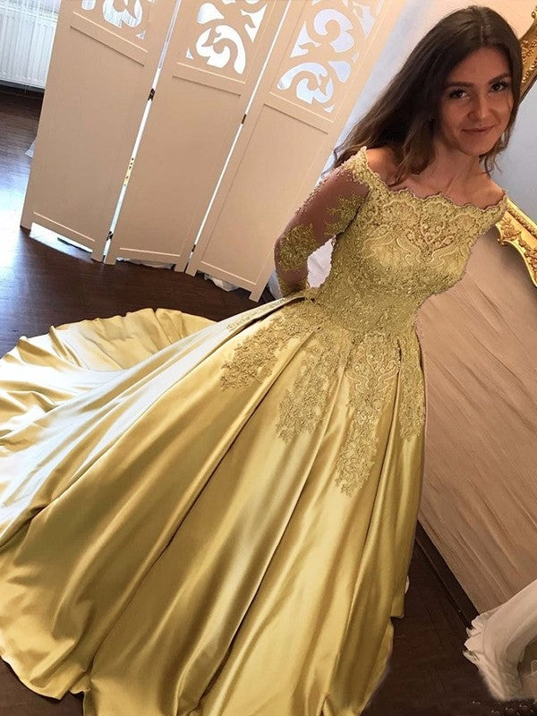 Ball Gown Long sleeved Sexy Off Shoulder Church Skirt Set Satin Dress