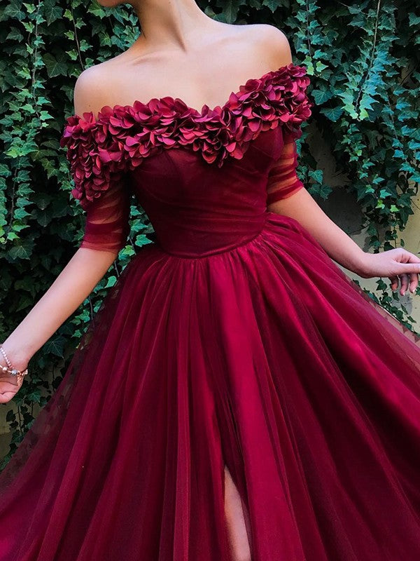 A-line Princess Off Shoulder Bra with Ruffle Edge sheer dress
