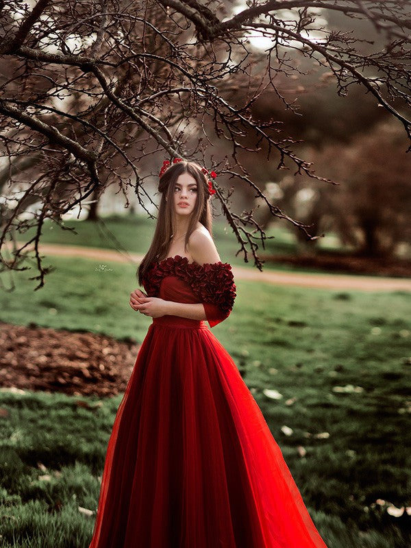 A-line Princess Tulle Handmade Flower Sexy Off Shoulder Dress