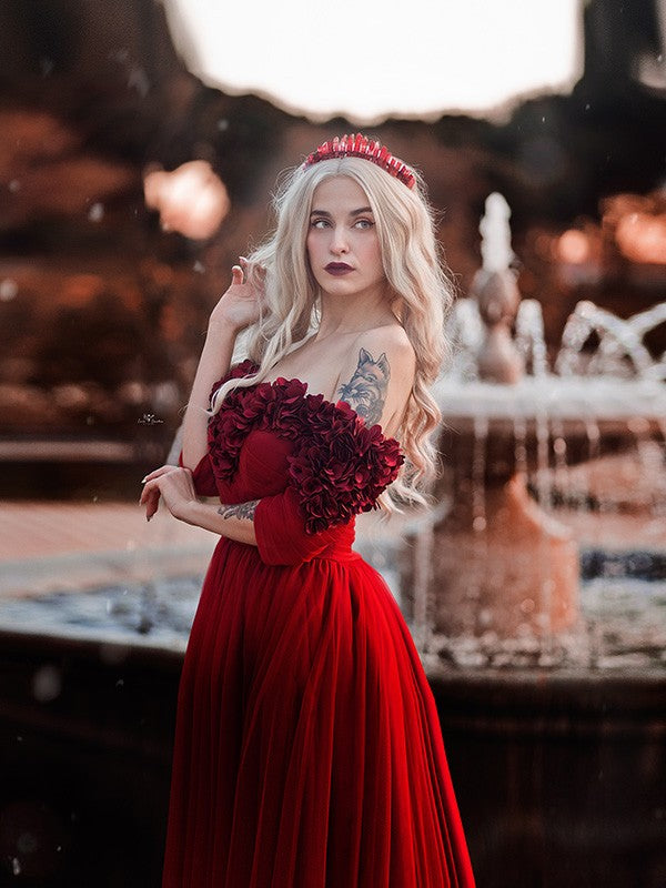 A-line Princess Tulle Handmade Flower Sexy Off Shoulder Dress