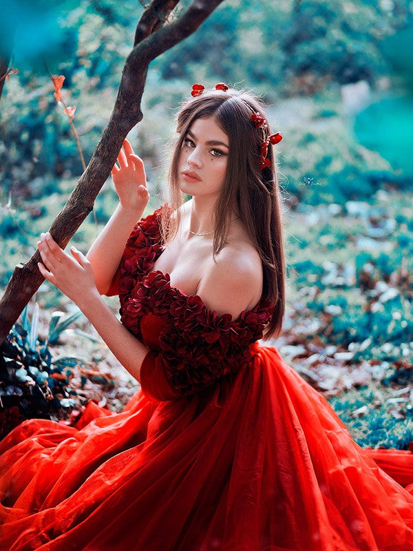 A-line Princess Tulle Handmade Flower Sexy Off Shoulder Dress