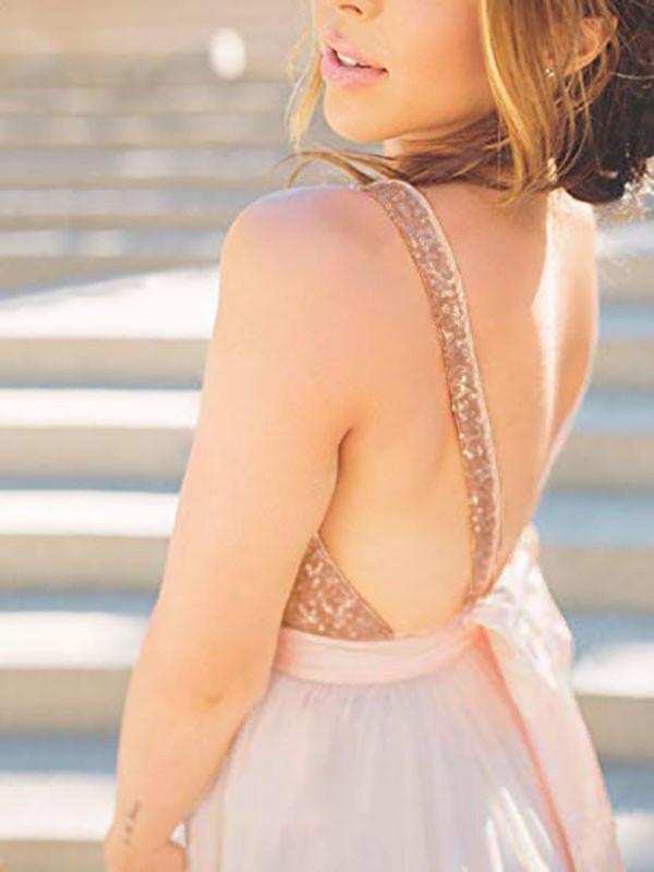 A-line Princess Sleeveless V-neck Bra Brush Train Sequin Organza Dress
