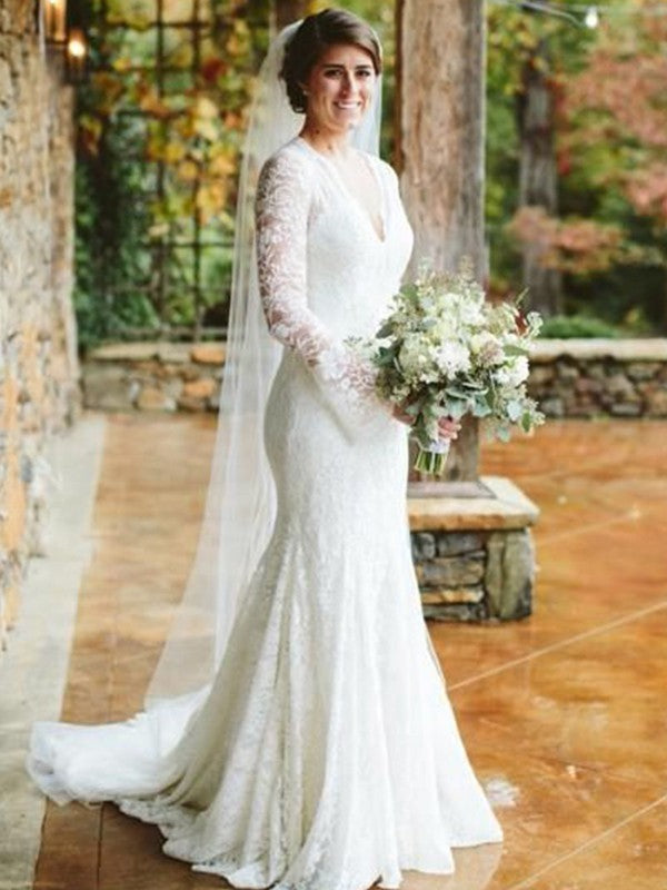 Trumpet shaped mermaid V-neck long sleeved ruffled lace wedding dress