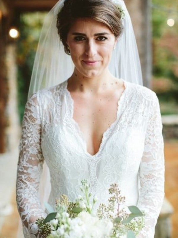 Trumpet shaped mermaid V-neck long sleeved ruffled lace wedding dress