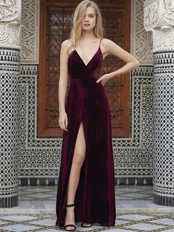 A-line Sweet Princess Italian Noodle Strap Sleeveless Floor Sweeping Ruffle Edge Velvet Dress