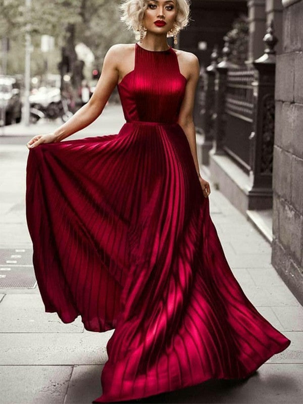 A-line Princess Dress Sleeveless Floor Draping Pleated Silk Imitation Satin Dress