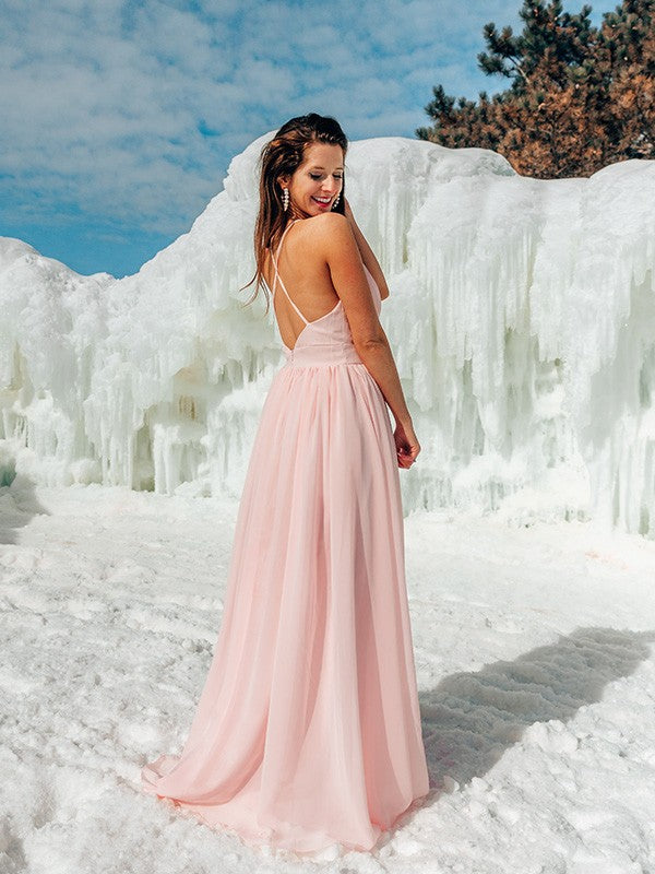 A-line Princess Italian Noodle Strap with Ruffle Edge Chiffon Floor Dress