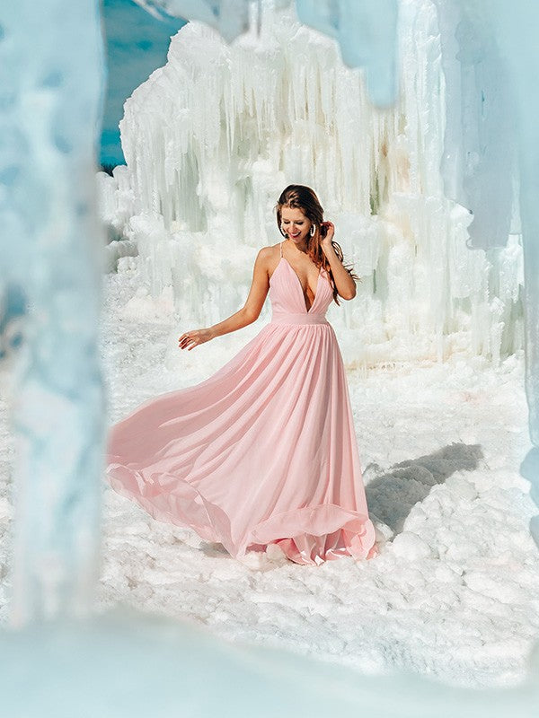 A-line Princess Italian Noodle Strap with Ruffle Edge Chiffon Floor Dress