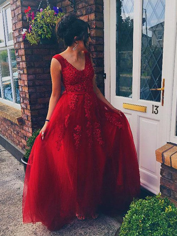 A-line Princess V-neck Sleeveless Floor Sweeping Sticker Tulle Dress