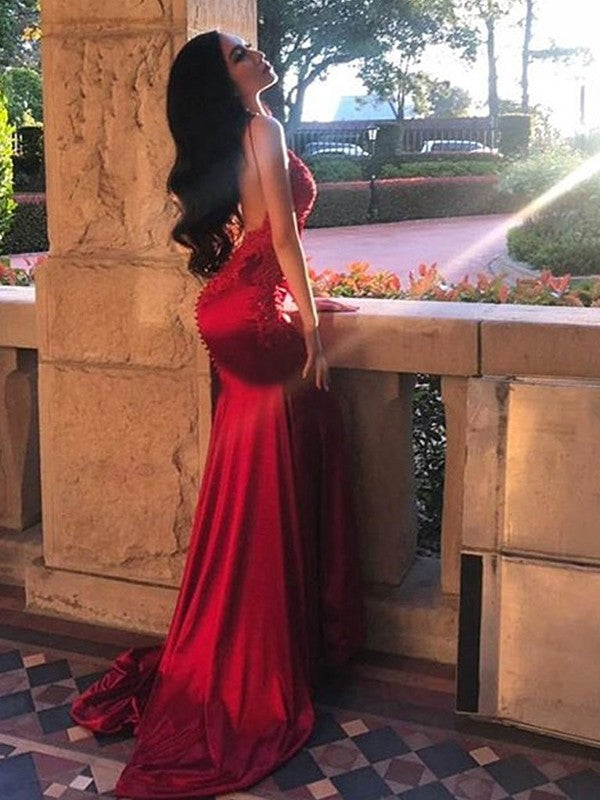 Sheath column sleeveless spaghetti strap with brushed inlaid silk satin dress