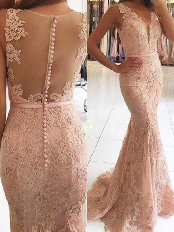 Trumpet mermaid sleeveless V-neck sweep collar Brush Train applique lace dress