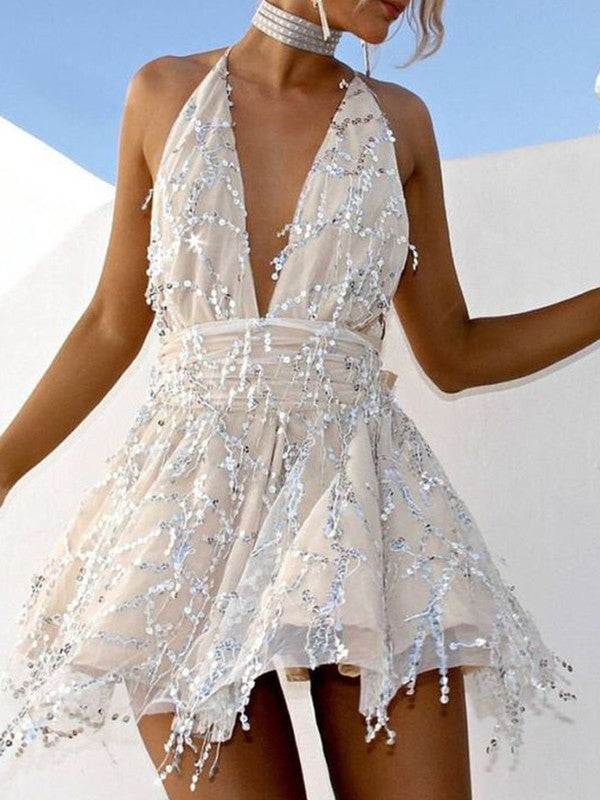 A-line Princess Pearl Halter Sleeveless Mini Homecoming Ball Dress