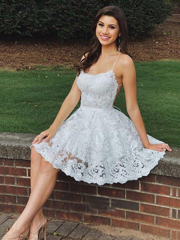 A-line Princess Style Elegant Lace Applique Fine Shoulder Strap Sleeveless Short Mini Homecoming Dress