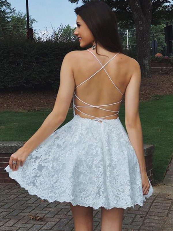 A-line Princess Style Elegant Lace Applique Fine Shoulder Strap Sleeveless Short Mini Homecoming Dress