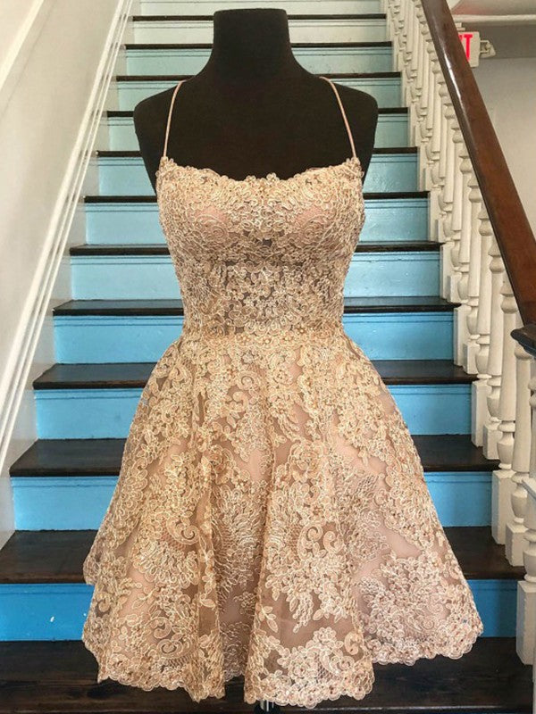 A-line Princess Style Elegant Lace Applique Fine Shoulder Strap Sleeveless Short Mini Homecoming Dress