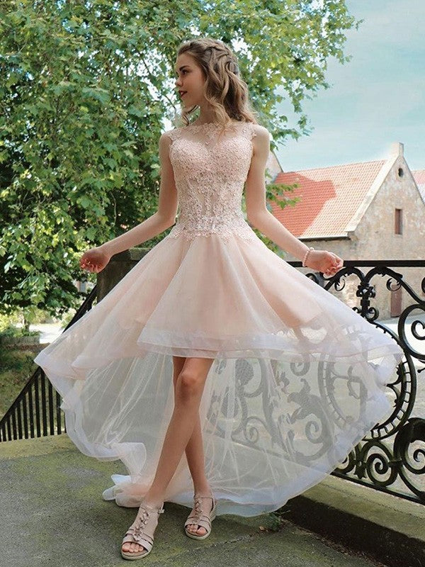 A-line Sweet Princess Tulle Applique Nude Collar Sleeveless Asymmetric Homecoming Party Dress