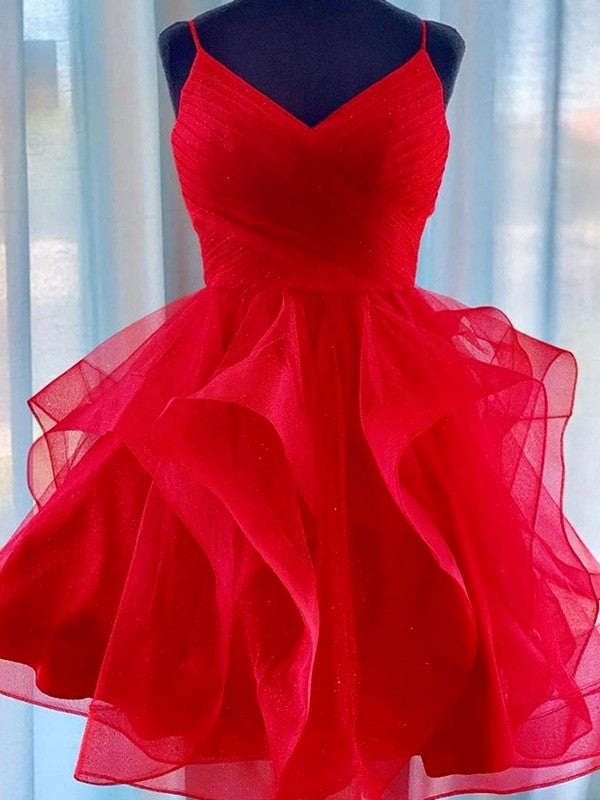 A-line Princess Tulle Italian Noodle Strap Sleeveless Ruffle Edge Back to School Ball Dress