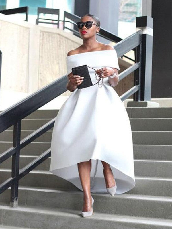 Sweet Princess Satin Ruffle Edge Elegant Off Shoulder Sleeveless Asymmetric Dress