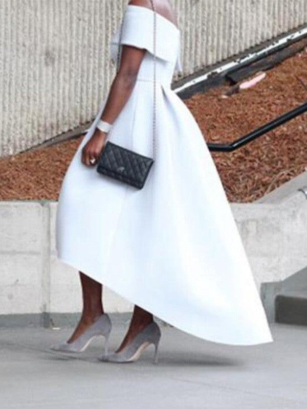 Sweet Princess Satin Ruffle Edge Elegant Off Shoulder Sleeveless Asymmetric Dress