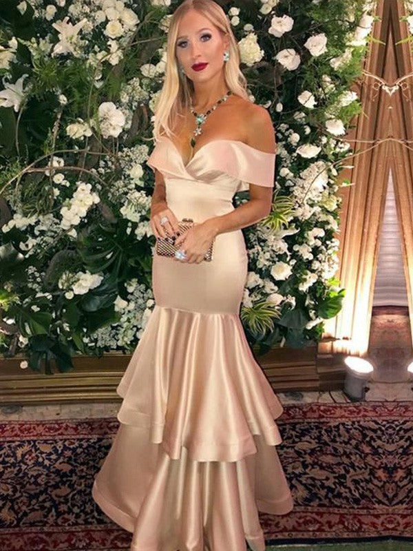 Mermaid Satin Sexy Off the Shoulder Sleeveless Multi layered Floor Dress