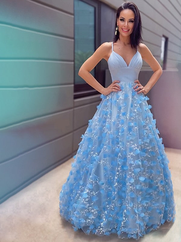A-line Sweet Princess V-neck Tulle Applique Floor Elegant Sleeveless Dress