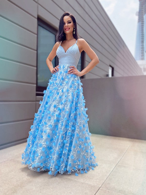 A-line Sweet Princess V-neck Tulle Applique Floor Elegant Sleeveless Dress